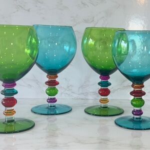 Pier 1 Set of 4 “New Vintage” Handblown Teal Green Goblets with Jewel Tone Stem